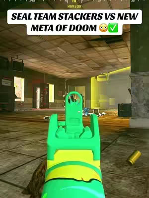 The cover image is a first-person perspective from a video game, showing the green sights of a gun aimed forward. Above the gun sights, there's text overlayed on a tan and grey background, and in the background, there is a room with windows to the left and right.