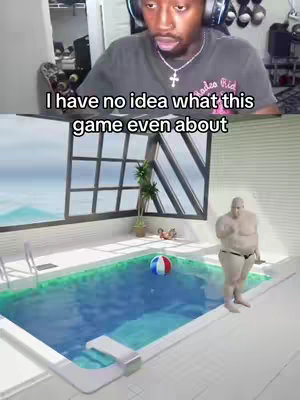 The image is split horizontally. The top half shows a Black man with a headset and a serious expression. The bottom half depicts a stylized indoor pool scene. A large, nude, overweight man stands near the pool. A beach ball floats in the water. Through the large window we can see the outside.