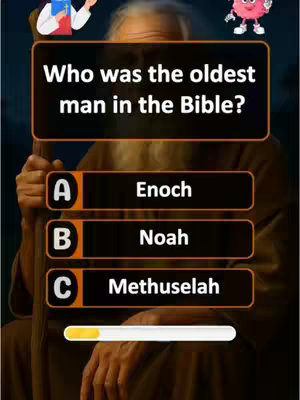 The image shows a quiz question about the Bible displayed over an illustration of an elderly man, accompanied by the question and multiple-choice answers.