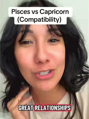 The cover image is a selfie-style shot featuring a woman with long dark hair. The background is a blurred indoor setting. Text overlays include the phrases "Pisces vs Capricorn (Compatibility)" at the top, and "GREAT RELATIONSHIPS" on a red bar at the bottom.