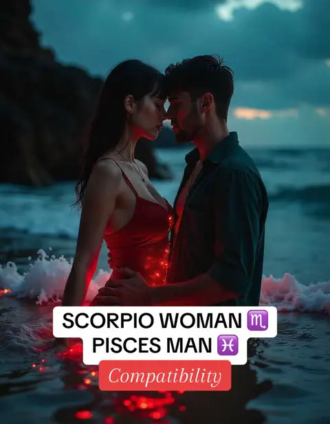 A romantic image of a couple in a beach setting, with the sea and a cloudy sky in the background. The woman is wearing a red dress and the man has a dark green shirt. There is text overlaying the image that provides information about astrology.