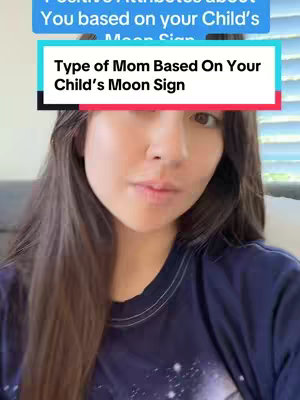 A woman with long, dark hair and a blue t-shirt is the central focus, looking directly at the camera with a neutral expression. Overlaid across the top are text boxes with white font on colored backgrounds The background appears to be a softly blurred environment.