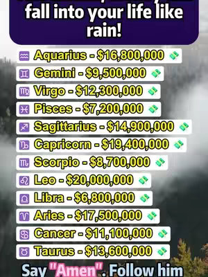 The image has a blurred background of a forest and a dark purple band at the top. Inside the band, in white text, it says, "fall into your life like rain!" Below, there is a list of zodiac signs with associated dollar amounts and green dollar signs. Below the list is the text, "Say "Amen". Follow him