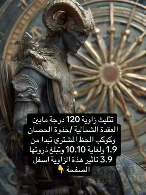 A detailed, bronze statue of a figure with ram horns dominates the image, set against a backdrop of intricate, golden patterns. Text overlays describe astrological events.