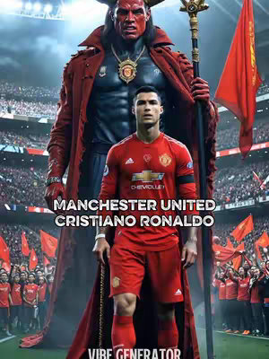 The cover image depicts a player in a Manchester United kit standing in front of an eerie figure. The character from a football team is positioned in the lower center, while the colossal, red-skinned figure with horns and a staff looms behind. The background hints at a stadium setting, and there are numerous figures and flags.