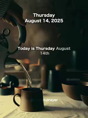 The image captures a serene moment featuring a person pouring water from a silver kettle into a dark brown coffee mug. The scene is set on a table, with various kitchenware and a blurred background suggesting a dining or kitchen area. The color scheme is warm, with earth tones dominating the scene. Overlayed text provides the date and a message about prayer, setting a calm, spiritual tone, further emphasized by the smoke rising from the cup.