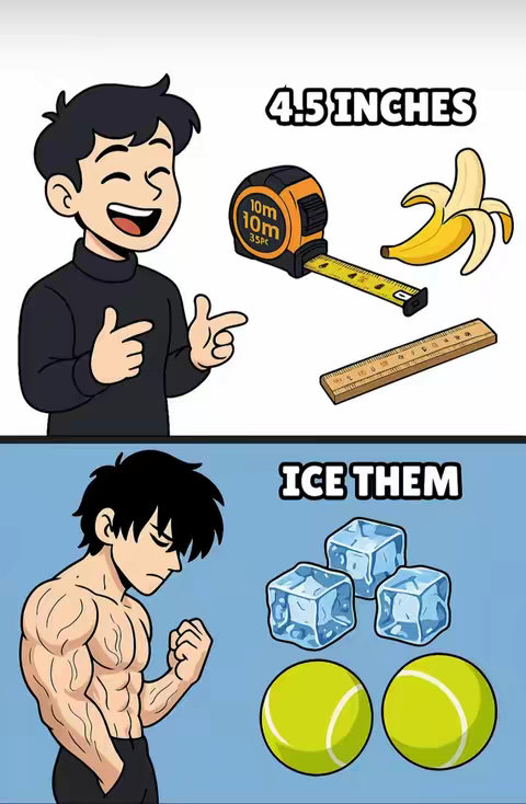 A two-panel cartoon image. The top panel shows a cartoon man smiling and pointing. Beside him are a tape measure, a banana, and a ruler. The text reads "4.5 INCHES". The bottom panel shows a muscular cartoon man flexing. Beside him are three ice cubes and two tennis balls. The text reads "ICE THEM".