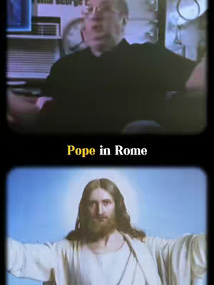 The cover image is split into two frames. The top frame features a blurred image of a man with glasses, possibly filming, in a room with various objects in the background, while the lower frame showcases an illustrated depiction of Jesus with open arms, set against a bright, celestial background. In the bottom frame, the text overlay indicates 'Pope in Rome'.