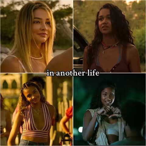 A collage of four scenes with female characters likely from a TV show. The upper left scene features a blonde woman in a white top. The upper right shows a woman with curly hair. The bottom left features a woman in a striped top. The bottom right scene has a woman making a heart shape with her hands.
