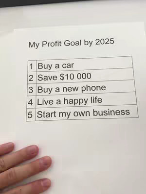 A photograph shows a handwritten list titled "My Profit Goal by 2025". The list includes goals such as buying a car, saving, buying a new phone, living a happy life, and starting a business, displayed on a white sheet. A hand is visible at the bottom.