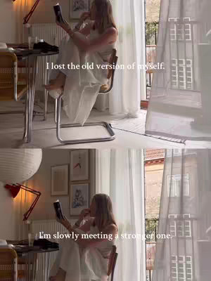 The image is a two-part split screen, vertically divided. In the top half, a woman in a light-colored dress is seated in a room, reading a book with a red lamp next to her on the desk and a table to the side. In the bottom half of the cover image, the woman is reading a book again . The background includes windows, curtains, and natural light.