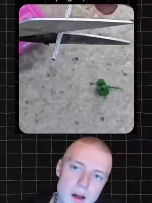 The cover image shows a split composition. The main section features a close-up shot of a person's face from the chest up, with the background blurred and rendered in a grid pattern. A video of scissors cutting a rope is displayed in a squared inset above.