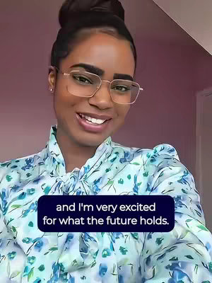 A woman wearing glasses and a floral top smiles at the camera. A text overlay provides a quote.