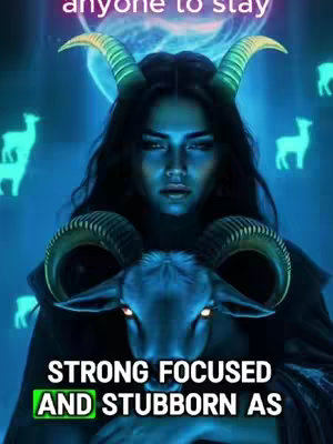 A digitally created image featuring a woman with dark hair and features, adorned with ram horns and holding a ram's head. The background has a blue and purple gradient with several small goat silhouettes. Text overlays, in a contrasting green, emphasizes personality traits.