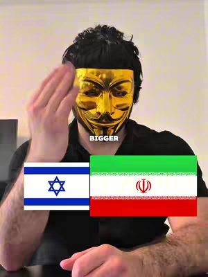 A person wearing a gold Guy Fawkes mask is the central figure, with one hand raised near their face. Behind the mask is what appears to be a dark, solid-color background. Below the masked figure, two flags are placed side by side: The flag of the state of Israel and the Iranian flag.