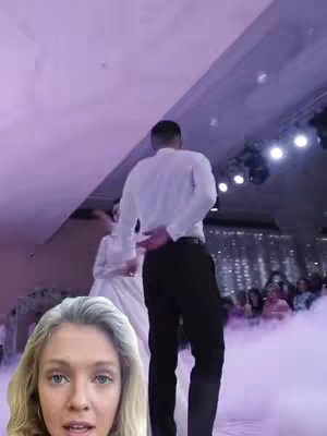 Cover image shows a wedding reception scene. In the foreground, the creator is featured in a selfie, and behind her, a couple dances on a lighted dance floor. The lighting is a soft purple.