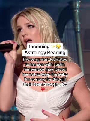 The cover image shows Britney Spears singing into a microphone, with a slightly blurred background. Text overlays are added in a white box. The overall image is well-lit, with a focus on her emotional expression and performance.