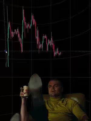The image depicts Leonardo DiCaprio from the film 'The Wolf of Wall Street' in a relaxed pose, holding a drink and looking upwards. Behind him, a stock market chart shows a downward trend. The scene is set in a dark, possibly luxurious room, giving a sense of financial commentary.