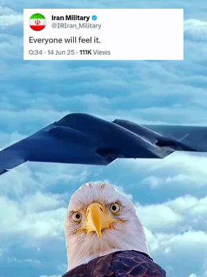 The image is a meme. The foreground features a close-up of a bald eagle with an intense expression, set against a cloudy sky. In the background and slightly above the eagle is a stealth bomber. Overlaid at the top left is a screenshot of a tweet from 'Iran Military' with the text, 'Everyone will feel it.' This tweet is above the bomber, adding a layer of political commentary.