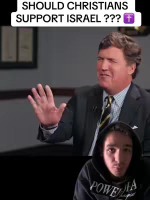 The cover image is a split screen. The upper half shows Tucker Carlson, a man in a suit, gesturing with his left hand near his face; he appears to be mid-sentence during an interview. The bottom half displays the face of a young man wearing a black hoodie with white text. The background is greyed out and the style is very similar to a talk show.