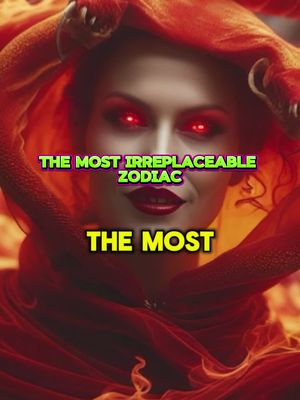 The cover image features a woman with red eyes, styled hair, and a dark red, flowing fabric. The text overlay reads 'THE MOST IRREPLACEABLE ZODIAC' and 'THE MOST'. The color palette is dominated by shades of red, creating a dramatic and captivating effect.