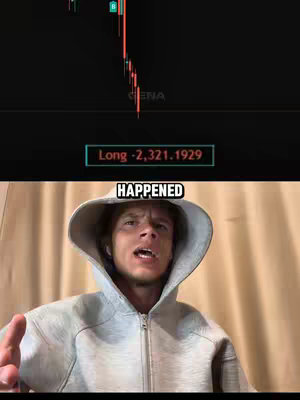 The image shows a split scene. The top part displays a stock market chart with a red line dipping downwards. Below, a man with a worried expression and a grey hoodie is looking directly at the camera. Above him, white text reads: 'HAPPENED.'