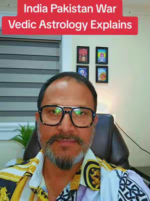 The cover image features a man in a suit and glasses, positioned in front of a home office backdrop. A text overlay reading 'India Pakistan War Vedic Astrology Explains' is at the top.