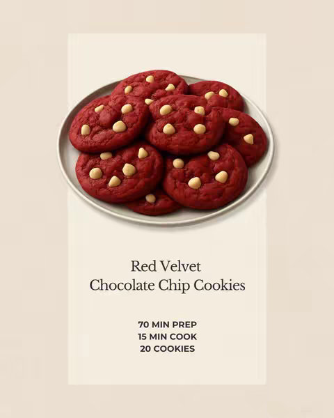 The image shows a plate of red velvet cookies with white chocolate chips set against a beige background. The cookies are arranged on a white plate, and there is text below describing the cookies.