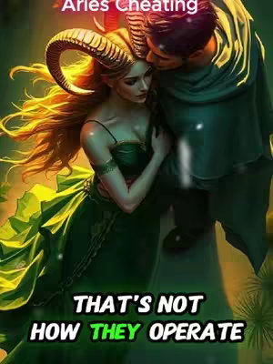 A digital illustration depicts a couple, a woman with golden, flowing hair adorned with ram horns and a flowing, green dress, and a man embracing her in a green cloak. Text overlays read, 'Aries Cheating' at the top and 'THAT'S NOT HOW THEY OPERATE' at the bottom.