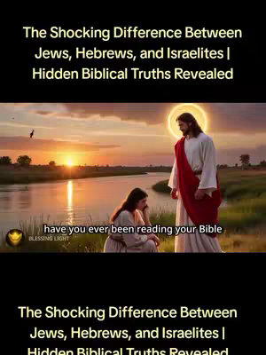The image shows a serene scene with Jesus standing near a riverbank as a woman in a long dress sits and looks down with a pensive expression. The background depicts a sunset scene with a river reflecting the light and vibrant colors. Text overlays title the video. The overall tone is spiritual and reflective.