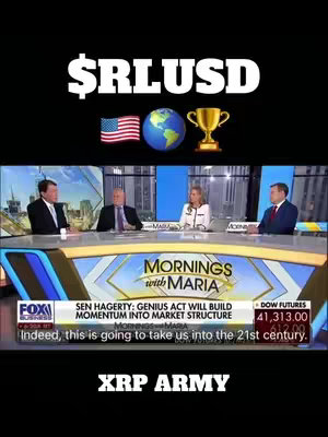 The cover image features a split screen. The top part has a black background with the text '$RLUSD' in white, along with the American flag, a globe, and a trophy icon. The bottom half shows a live news broadcast with four people on a set. The text at the bottom says 'XRP ARMY'.