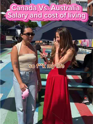 Two women are standing in a colorful outdoor setting, both with sunglasses, having what appears to be a street interview. Text overlays on the image provide context.