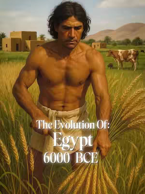 A digitally painted depiction of a man holding stalks of grain in a field, with a background of ancient Egyptian architecture, hills, and a cow grazing. Text overlays the image with the title "The Evolution Of: Egypt 6000 BCE".