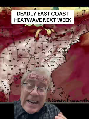 The cover image shows a man in the foreground against a weather map background. The weather map displays the Eastern United States with colored areas and temperature readings, hinting at a heatwave. The man, with glasses and a surprised expression, is likely delivering weather-related information. A text overlay indicates the anticipation of a "Heatwave Next Week."