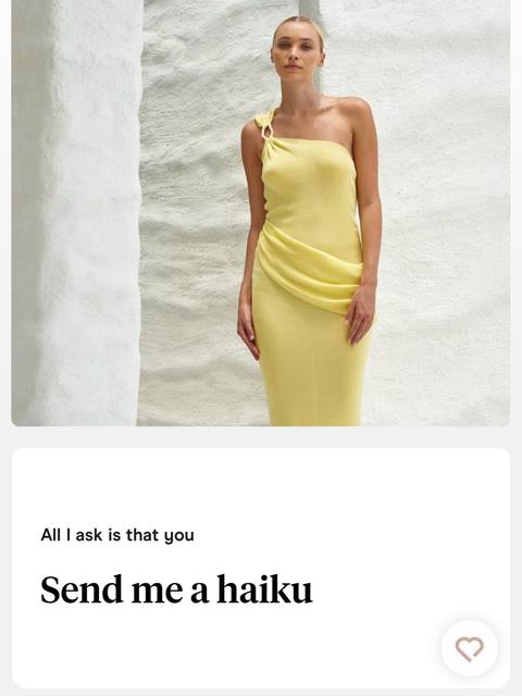 A woman in a yellow, one-shoulder dress stands in a studio setting. The background appears to be a textured white surface. The text overlay is in a sans-serif font and presents a dialogue prompt.