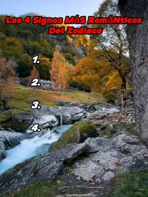 The cover image presents a scenic landscape with a river flowing through rocks and trees. The text overlay in red says 'Los 4 Signos Más Románticos Del Zodiaco'. Numbers 1 through 4 are placed along the image near the river, indicating some sort of ranking or visual element referring to zodiac signs.