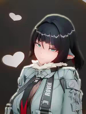 An anime-style character with black hair and green eyes, wearing a light blue and white uniform with a high collar and black straps. Two white heart shapes float near the character. The background is dark.