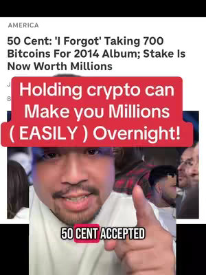 The cover image features a man in the center, presumably the creator. A red banner overlay states: "Holding crypto can Make you Millions (EASILY) Overnight!" Behind him is mixed media, from a news article graphic to a group of people.