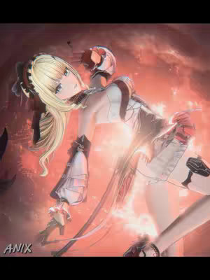 A digital artwork featuring a blonde anime-style female character in a dynamic pose against a fiery, abstract background. She is wearing a detailed costume with accents of white, black, and burgundy, accentuated by ornate details. Her blonde hair and blue eyes are the most prominent features highlighted by the glowing red and orange backdrop.