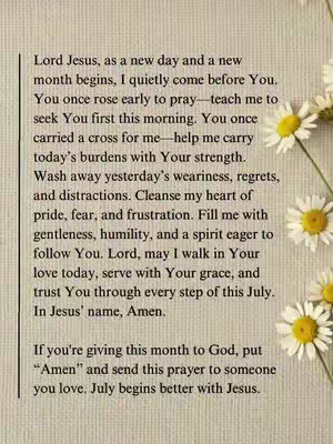The image is a close-up of a page with text, featuring a prayer. A light beige or off-white textured background provides the backdrop, while the text is aligned to the left side of the page, with a vertical line separating the content from the right side. Small white daisies with yellow centers are scattered on the right side of the page. The overall composition is vertical and simple.