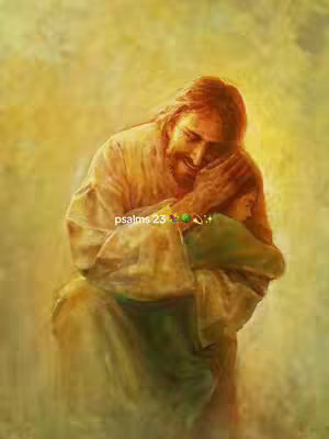 An artistic illustration showing Jesus Christ embracing a person, possibly a child. The background is a soft, blurred gradient of yellow and gold, creating a warm and inviting atmosphere. Rendered in a painterly style with soft brushstrokes and a focus on light and shadow, the image uses a warm color palette. Jesus is depicted with long brown hair and a beard, wearing what appears to be a white robe. The person being embraced is partially visible, wearing green clothing. The composition evokes a sense of comfort, protection, and spiritual connection. Text overlayed indicates the video's correlation with Psalms 23: a green flower and some sparkling stars are added, enhancing a feel-good mood and spiritual vibe.