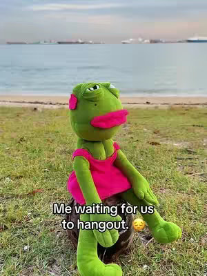 The image features a green Pepe the Frog plush toy sitting on a coconut husk. The toy is wearing a pink dress with matching pink ear accents and lips. It is positioned on grass with a backdrop of a beach, ocean, and sky. Text overlays at the bottom say 'Me waiting for us to hangout.'
