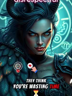 A digital illustration features a woman with dark, wavy hair and striking blue eyes staring intensely at the viewer. She has dark horns and is adorned in dark armor with feathered accents. Text overlays include 'Capricorn mouth is disrespectful' at the top and 'THEY THINK
YOU'RE WASTING TIME' at the bottom. A background shows planetary symbols.