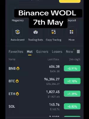 A screenshot from a Binance application showing cryptocurrency trading information, including the names and prices of various cryptocurrencies.