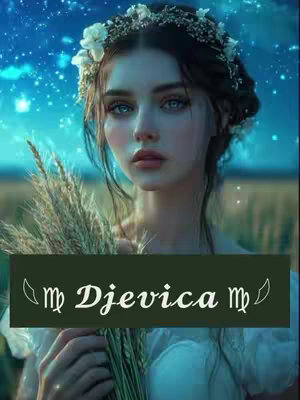 The cover image features a digitally created portrait of a young woman. She has fair skin, rosy cheeks, and striking blue eyes. She wears a delicate floral crown in her dark hair. Her expression is soft and slightly melancholic. She is holding a bundle of wheat in her hands. Behind her is a backdrop that suggests a field with a starry sky.  A green banner at the bottom of the image displays the word "Djevica" in elegant script, along with Virgo symbol on either side.