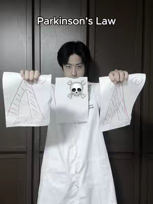 A young man in a white lab coat holds three sheets of paper, two with a drawn 'A' and lines inside. The third sheet, held in the center, displays a skull and crossbones emoji. The text 'Parkinson's Law' is at the top. The background appears to be a light-colored wall.