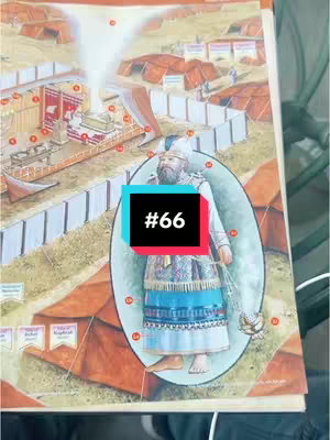 The image is a stylized illustration of a biblical scene. It depicts a detailed drawing showing what appears to be a religious structure with different areas, and a central figure of a man in ceremonial robes, possibly a priest or religious leader. The whole scene is enclosed in a frame and the number #66 is written on a black frame placed right over the image.