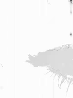 The image is predominantly white. A light gray organic shape is visible in the lower right quadrant, appearing like a stylized landscape or cloud. Black, streaky or dotted markings are scattered across, primarily in the upper-right and lower left, suggesting shadows or imperfections in the image.