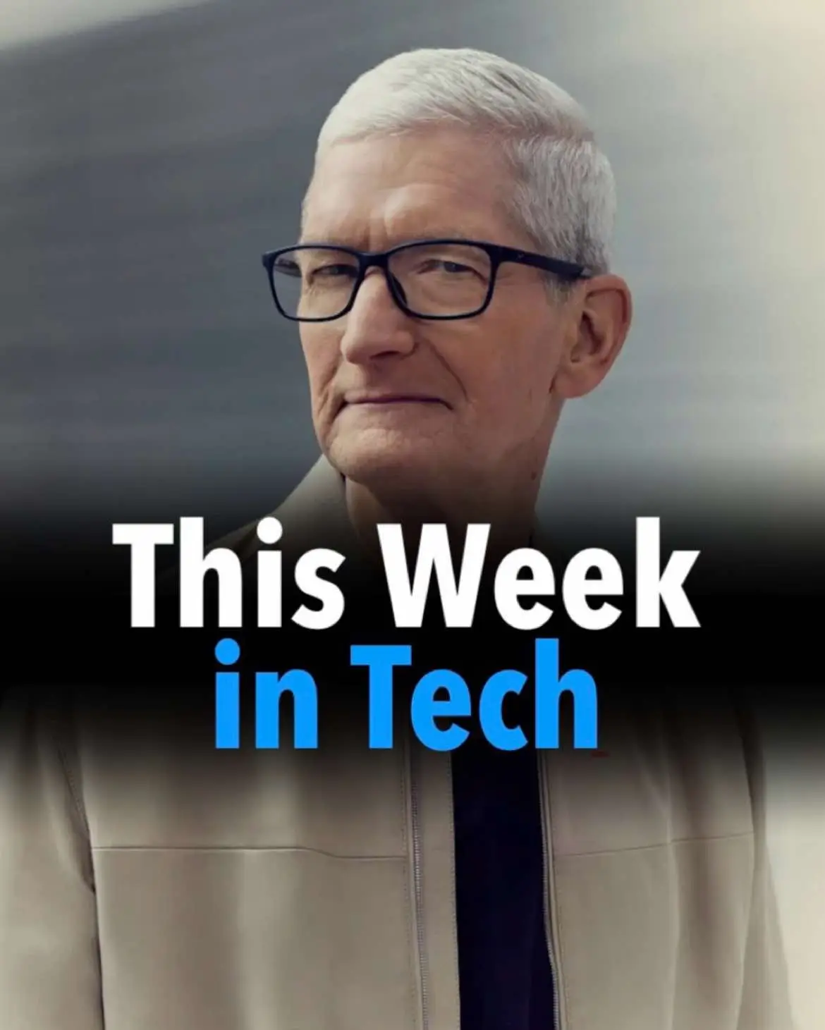 The image features a man with glasses, likely Tim Cook, in a professional setting. White text 'This Week in Tech' is overlaid to the lower portion.