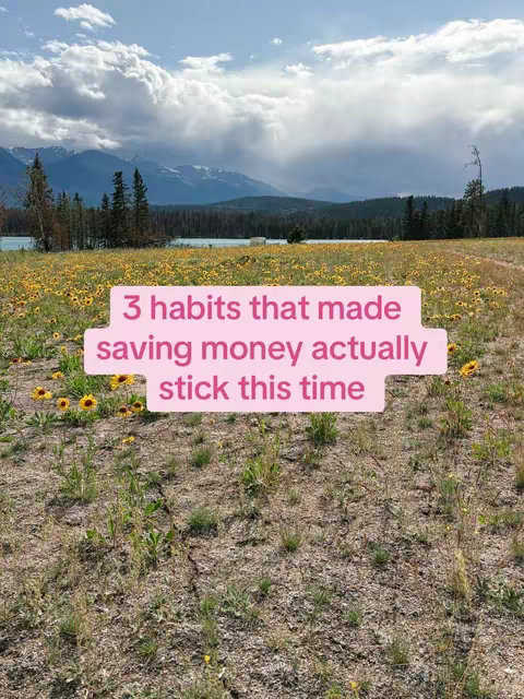 A scenic landscape shot featuring a field of yellow wildflowers in the foreground, with a body of water and mountains in the background under a cloudy sky. A pink text overlay stating "3 habits that made saving money actually stick this time" is positioned in the center of the image.